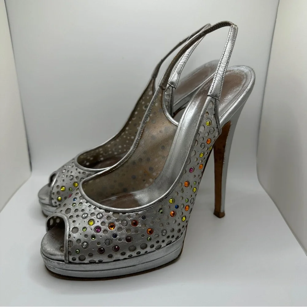 Casadei Women’s Slingback Heels‎ Womens Sandal Silver Multi Strass Size 8